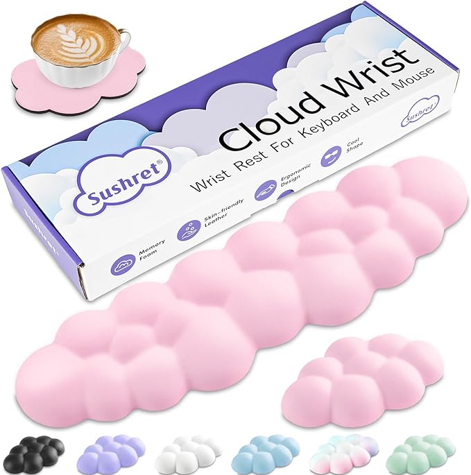 Cloud Wrist Rest Keyboard, Cloud Keyboard Wrist Pad Set with PU Leather Memory Foam, Cute Arm Rest for Palm Support, PC/Gaming Desk Accessories/Office Setup/Computer Hand Cushion - Pink