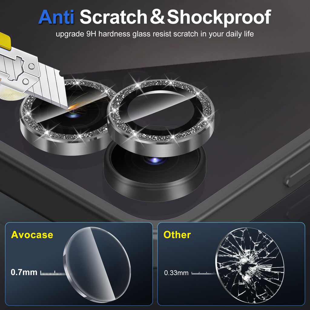 Avocase for Samsung Galaxy Z Flip 7 Camera Lens Protector, Individual Metal Ring Tempered Glass Lens Cover, [Strong Adsorption] Scratch Resistant Ultra-Thin HD Clear Lens Cover, 1 Set-Black Sparkly