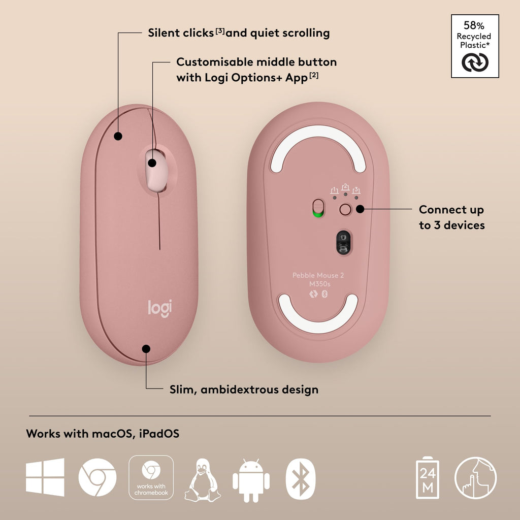 Logitech M350s Pebble 2 Bluetooth Wireless Mouse - Tonal Rose