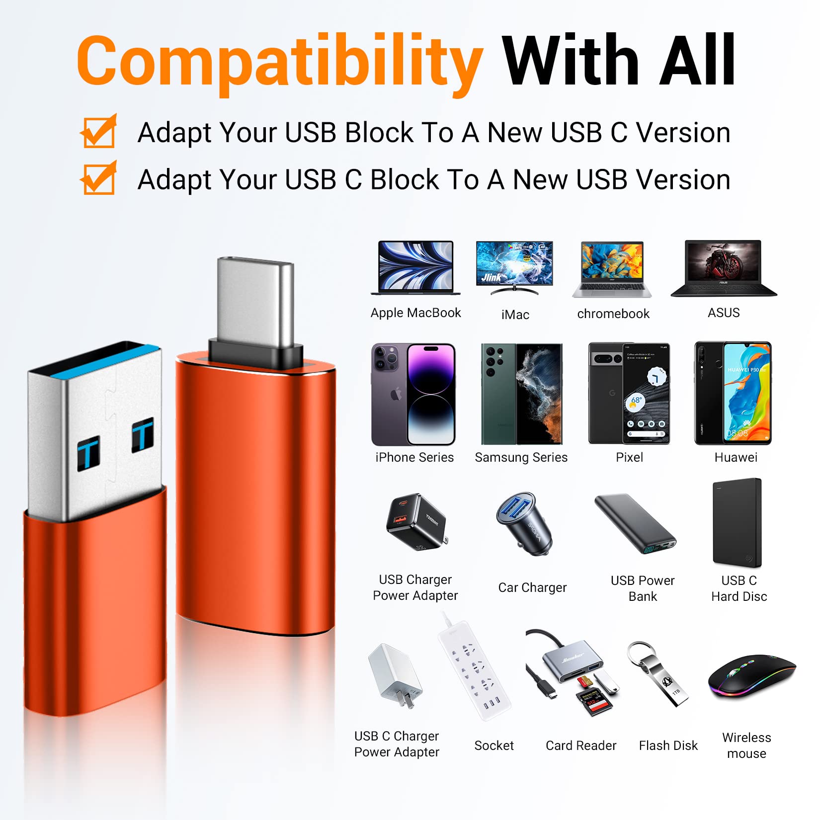 Temdan USB to USB C Adapter,Car Charger OTG Converter Compatible with MacBook Pro Air 2024,Samsung Notebook and More Type C,for iPhone 17 16 15 Air Plus Pro Max,OTG Adapters-Orange