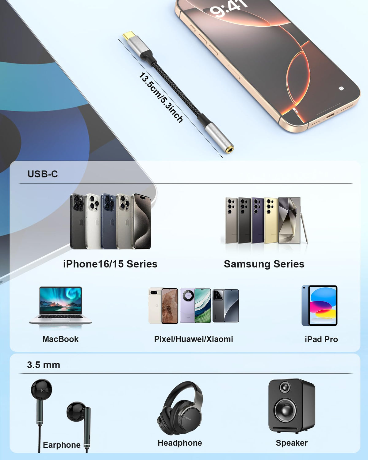 2Pack USB C to 3.5mm Audio Adapter, USB C to Aux Female Dongle Cable Cord