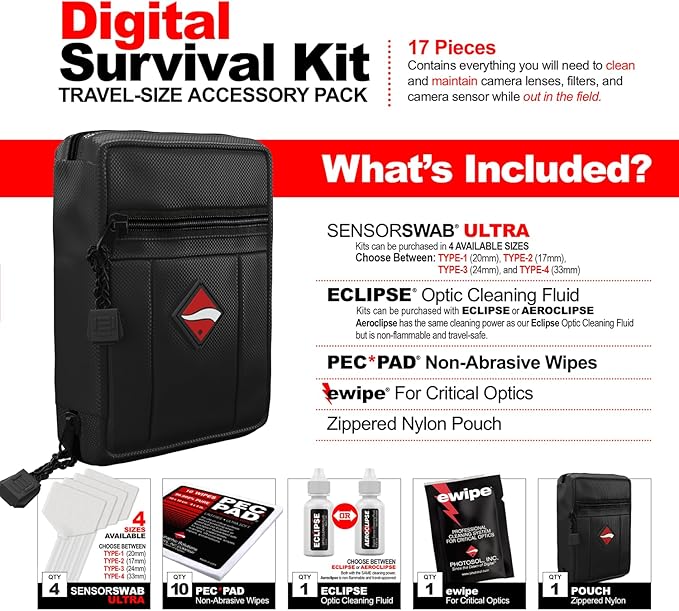 Photographic Solutions Digital Survival Kit - Type-4 (33mm) Sensor Swabs, PEC-PAD Photo Wipes, E-Wipe Packet, Eclipse Optic Cleaning Fluid - Camera Cleaning Kit with Travel Bag