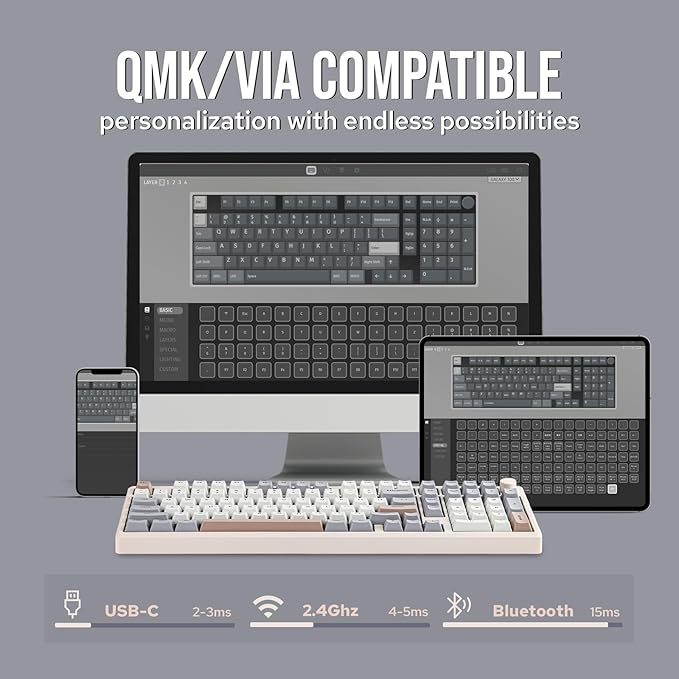 EPOMAKER Galaxy100 QMK/VIA Wireless Gaming Keyboard, Aluminum Shell, Bluetooth/2.4Ghz/USB-C, Pre-Lubed Hot-Swappable Linear Switches, NKRO, RGB Backlit (Creamy White, Marble White Switch)