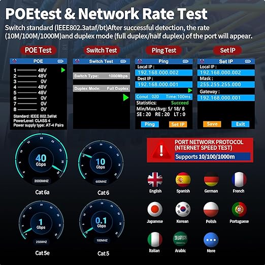 NOYAFA NF-8506 Network Cable Tester with IP Scan, TDR CAT5 CAT6 Ethernet Cable Tester, PoE PingTest, Network Rate Test, Port Flashing, Network Tester Cable Toner for RJ11 RJ45