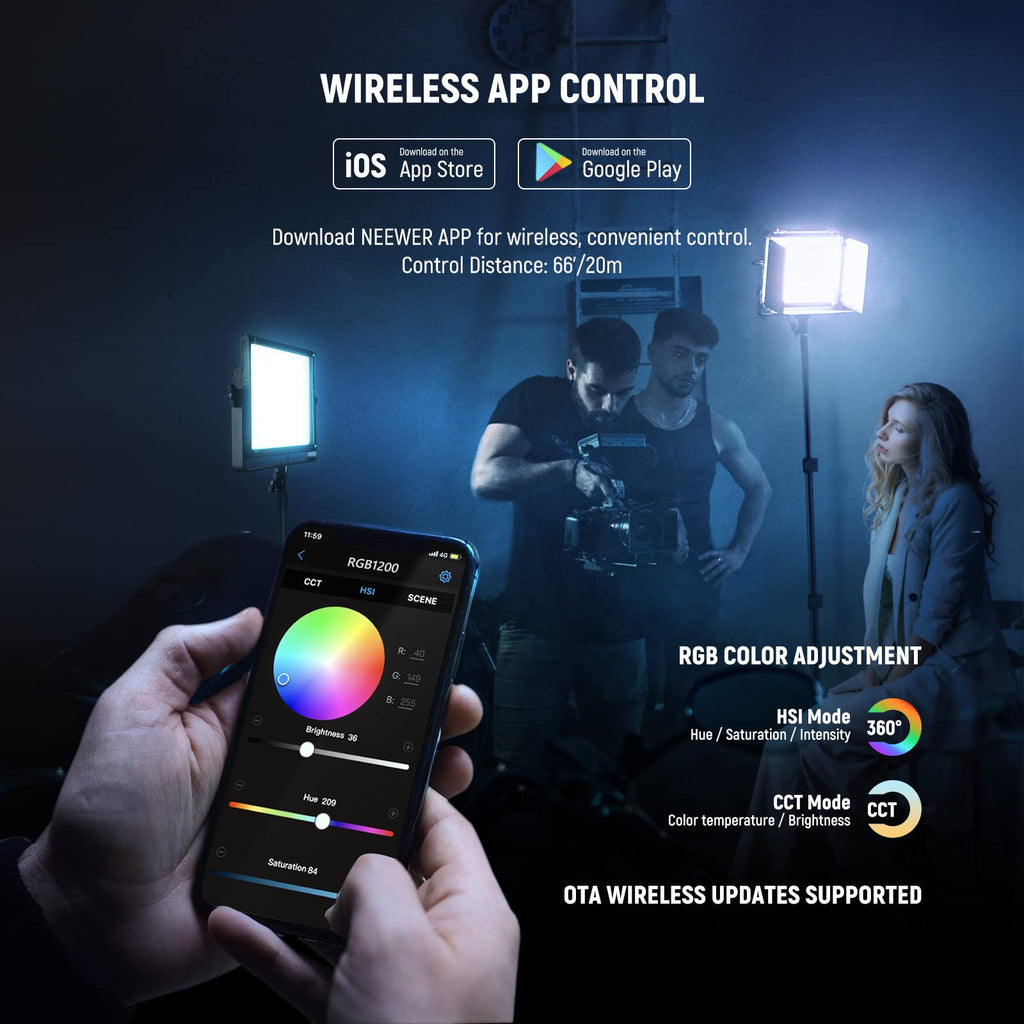 NEEWER RGB1200 RGB LED Video Light Panel with APP/2.4G Control, 60W Studio Photography Lighting 22000Lux@0.5m/1% Precise Min Dimming/360° Full Color/ CRI97+/TLCI98+/2500K-8500K/18 Effect with Barndoor