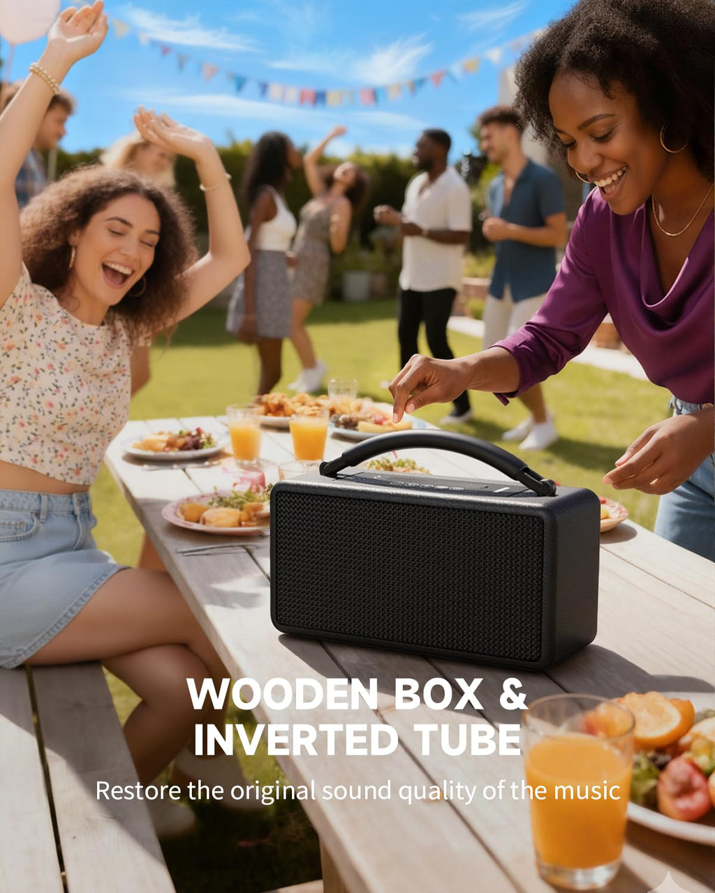 DINDIN Portable Bluetooth Speaker: 80W (Peak), 20H Playtime, Loud Wireless Wood Speakers with Bass, AUX and USB Input, Subwoofer, TWS Pairing, Vintage Speaker for Outdoor, Home, Office (Black)