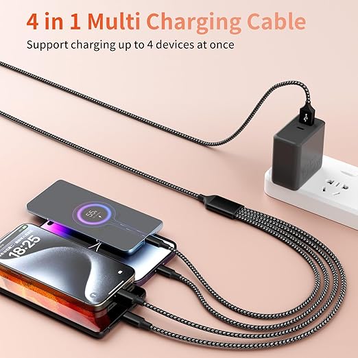 Multi Charging Cable,Dual Type-C Multiple Charger Cable Nylon Braided 4 in 1 Multi USB Cable Charging Cord with IP/Type C/Micro USB Ports for Cell Phones/iPhone/Tablets/Samsung Galaxy & More-1Pack 5Ft