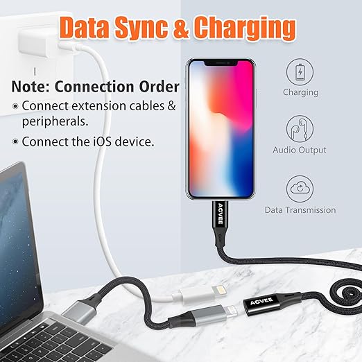 AGVEE 2 Pack 6.6ft Lightning Extension Cable, Braided Female to Male Extender Full Function Cord Compatible with iPhone iPad, Data Sync Video Audio & Charging Connector Adapter, Black