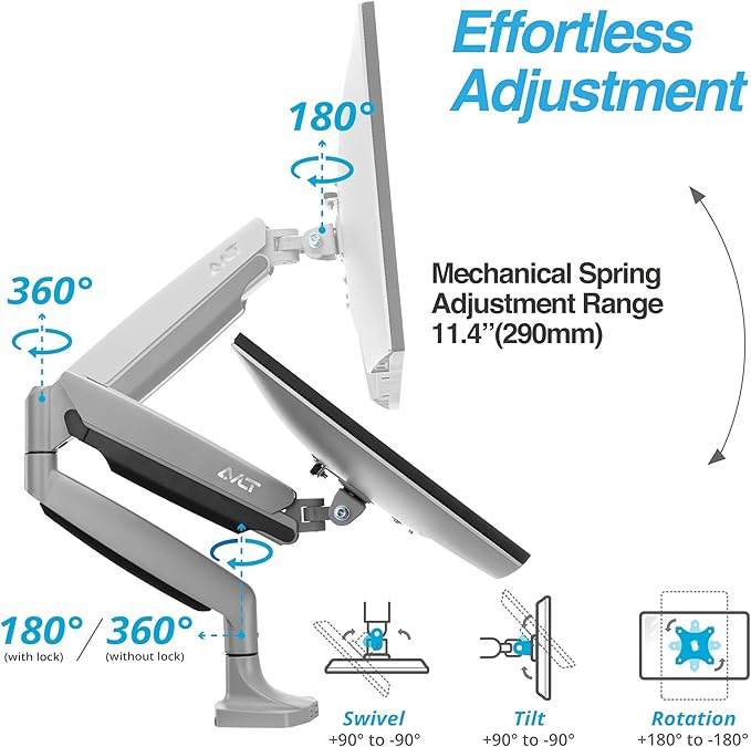 AVLT Single 17"-45" Monitor Arm Desk Mount Premium Mechanical Spring fits One Flat/Curved/Ultrawide Monitor Full Motion Height Swivel Tilt Rotation Adjustable, Gray