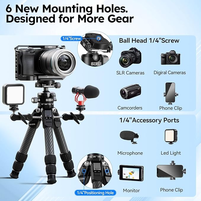 SIRUI AM-223S+G0 Carbon Fiber Desktop Tripod – Ultra-Light 1.7lbs, Max Height 16.7", 360° Panoramic Ball Head, Heavy-Duty Support to 33.07lb for DSLR & Mirrorless Cameras