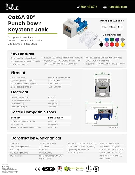 trueCABLE Cat6A Keystone Jack, Unshielded (UTP), 90 Degree Punch-Down, PoE++ (4PPoE), UL Listed, ETL Verified, ANSI/TIA Certified, Modular RJ45 Female, Black, 12 Pack
