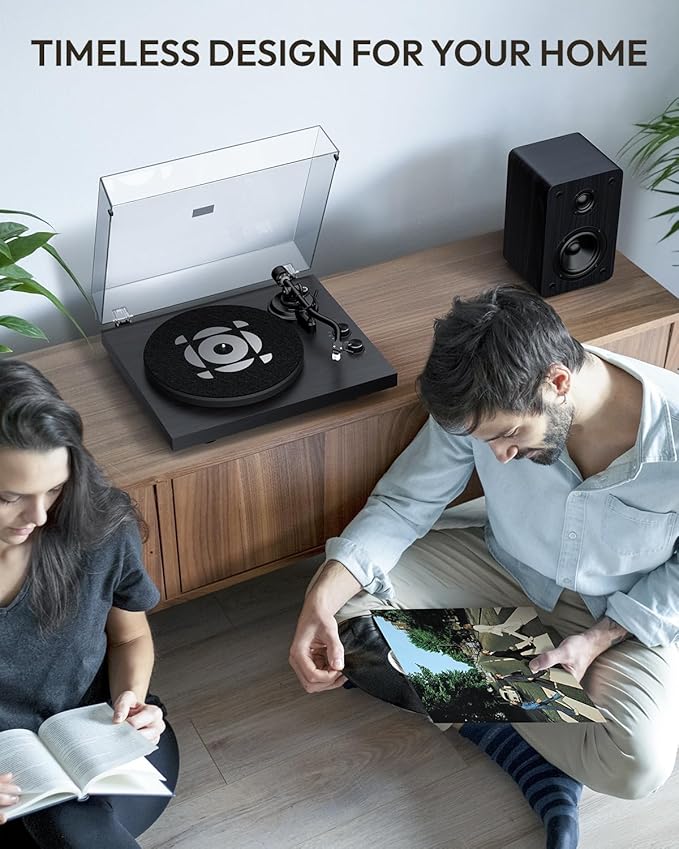 SoulBox S1 Vinyl Record Player with Stereo Speakers, Turntable with Built-in Preamp, S-Shaped Tonearm, 33/45 RPM - Black