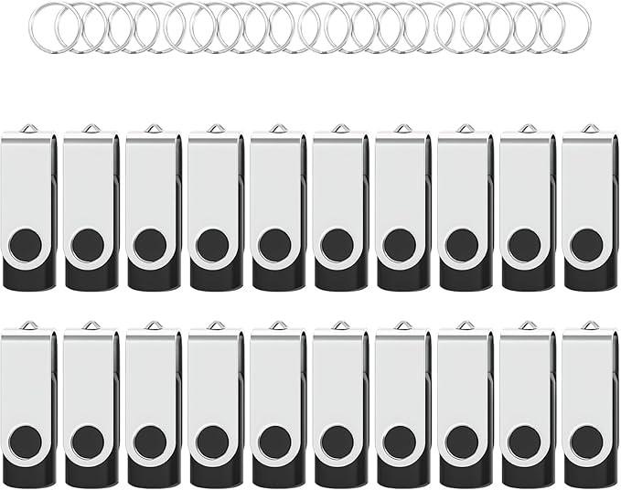 Flash Drives 128MB 20 Pack with Keychains, Swivel USB 2.0 Thumb Drives Bulk USB Drive Memory Stick USB Stick Pack (Black)