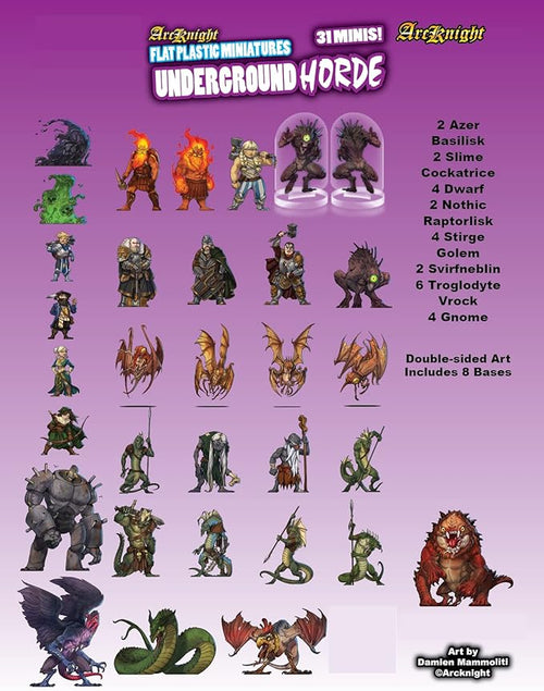 Arcknight Flat Plastic Miniatures: Underground Horde; 31 Unique Subterranean-Themed Minis for DND 5e and Pathfinder; Affordable, Skinny Figurines for Dungeons and Dragons and Other Tabletop RPG Games