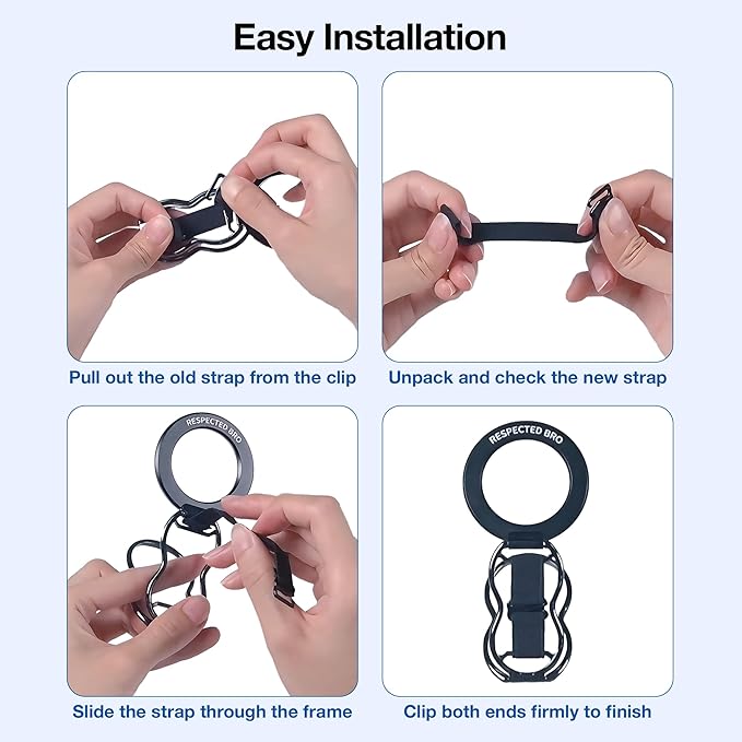 RESPECTED-BRO-Magnetic-Phone-Grip-Stand-with-Finger-Strap, 4-in-1 Magnetic Ring Holder, Kickstand and Elastic Strap for Smartphones, Universal Fit for iPhone, Android, and Cases (Black Elastic Strap)