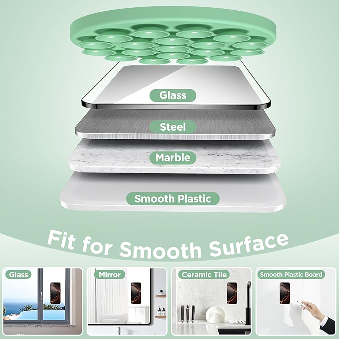 Magnetic Suction Cup Phone Mount for MagSafe Case, Silicone Hands-Free Grip Holder for iPhone and Android, Mirror Shower Phone Stand for Makeup FaceTime Gym Kitchen Bathroom, Spearmint Green