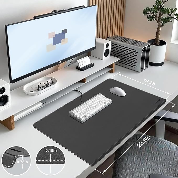 Desk Mat with Lip & Reinforced Stitched Edge|Non-Slip Waterproof PU Leather Desk Pad|Ergonomic Keyboard Mouse Pad With edge Protector|for Office, Home, Study(23.6" x 16.5",Black)