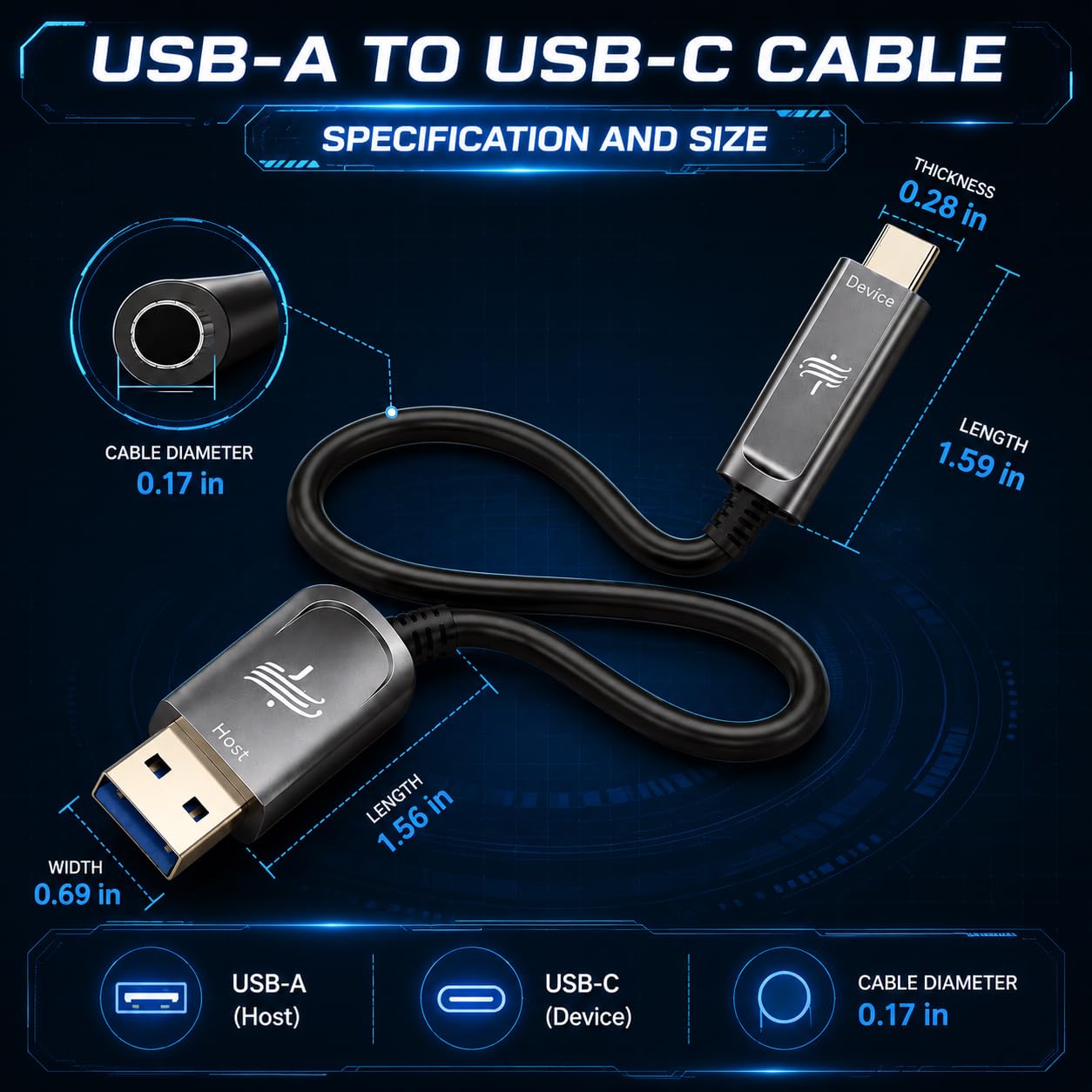 DWLCWY Fiber Optic USB A to USB C Cable 50ft 10Gbps Active Optical