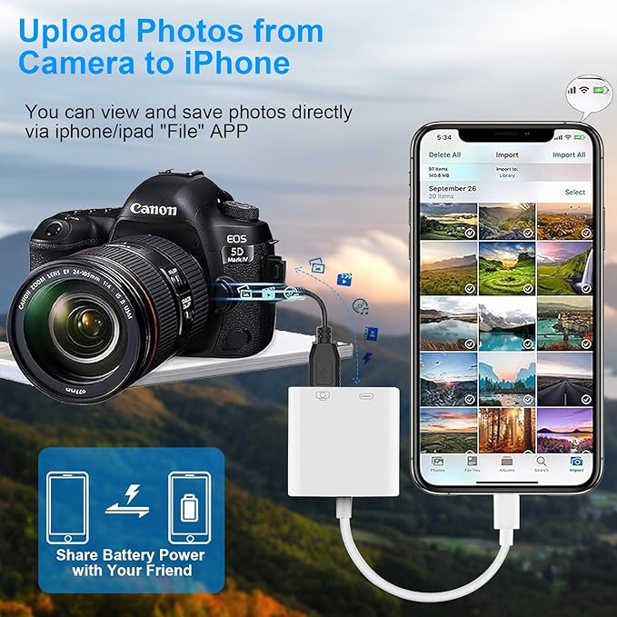 Lightning to USB Camera Adapter for iPhone, [Apple MFi Certified] USB3.0 Female Adapter for iPad with Charging Port, Plug and Play OTG Converter Support Card Reader USB Flash Drives Keyboard