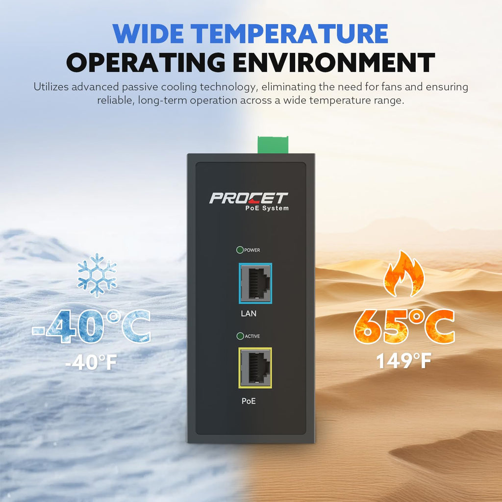 PROCET 10 Gbps Gigabit PoE++ Injector Din Rail, 60W Industrial Adapter with Wide Temp -40°F to 149°F, 6KV Surge Protection, AC/DC Input, IEEE802.3af/802.3at/802.3bt, PT-PSE105GB-AC-10