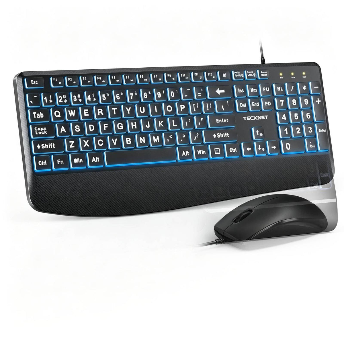 TECKNET Wired Keyboard and Mouse Combo, 7 Color Backlit Large Print Ergonomic Keyboard with Wrist Rest, Soft Typing, USB Plug & Play, Silent Keyboard Mouse Set for PC, Mac, Laptop, Blue
