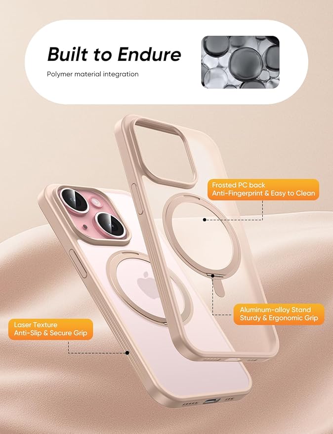 MAGIC JOHN for iPhone 15 Case 360° Rotatable Magnetic Invisible Stand, Fit for MagSafe 15 Phone Case, 16FT Military Grade Shockproof for iPhone Case with Kickstand, Rose Gold