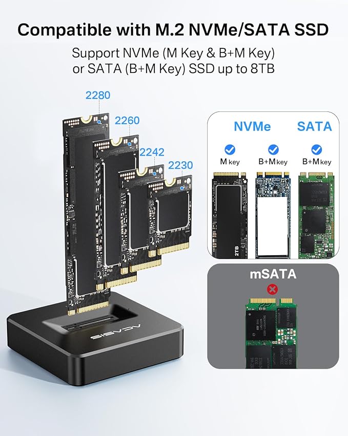 ACASIS NVME SSD Reader Adapter, Aluminium Alloy Housing Fast Heat Dissipation, NVME to USB Docking Station, M.2 SSD to USB Adapter 10Gbps, Support M.2 (M Key) NVMe SSD and (B+M Key) SATA-Based SSD