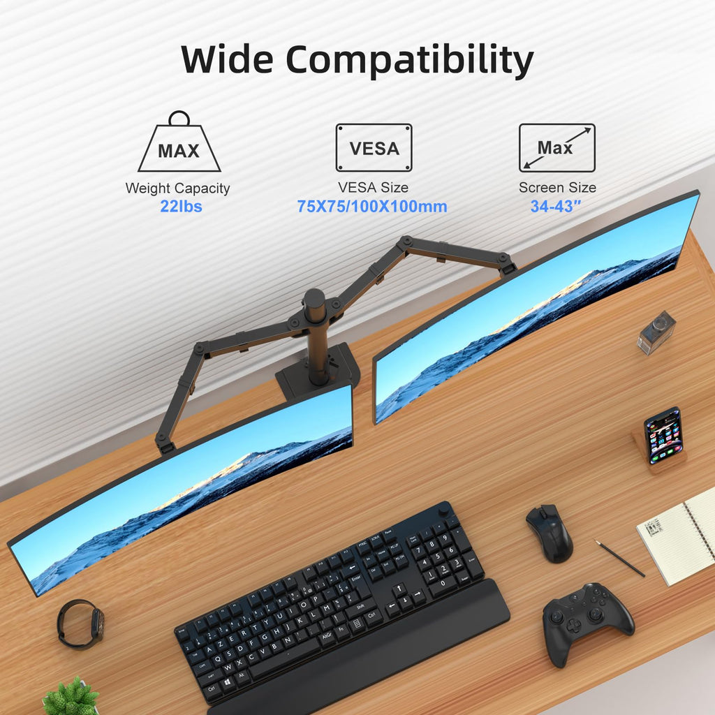 Suptek Dual Monitor Desk Mount, Adjustable Dual Monitor Arm for 2 Monitor Screens up to 43 inch, 15.75" Pole Monitor Stand for Desk, Holds up to 22 lbs, Black(MD9442LB)