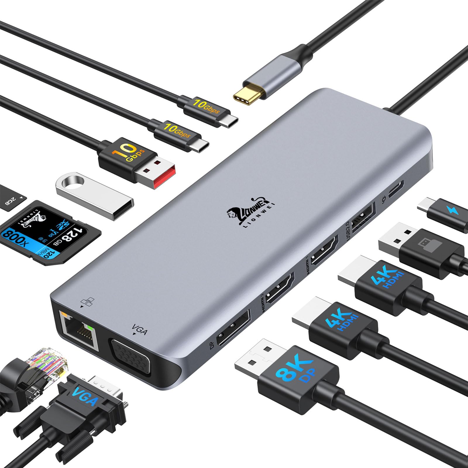 13-in-1 Docking Station to 4 Monitors, LIONWEI USB C Hub for Laptop Mac