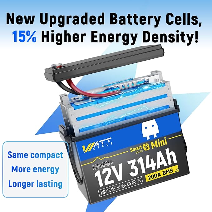 12V 314Ah Mini LiFePO4 Battery Bluetooth with 12V 60A Charger, 12Volt 300Ah + Lithium Batterys BMS 200A, 4.01kWh Energy, Upgraded Aluminum Cooling Fins & Braided Copper Wires
