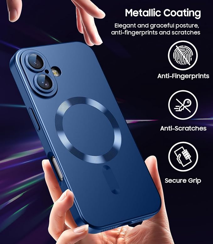 Magnetic for iPhone 16 Case [Compatible with MagSafe][Built-in Camera Lens Protector] Slim Soft Silicone Bumper Shockproof Metallic Luster Phone Case (Blue)