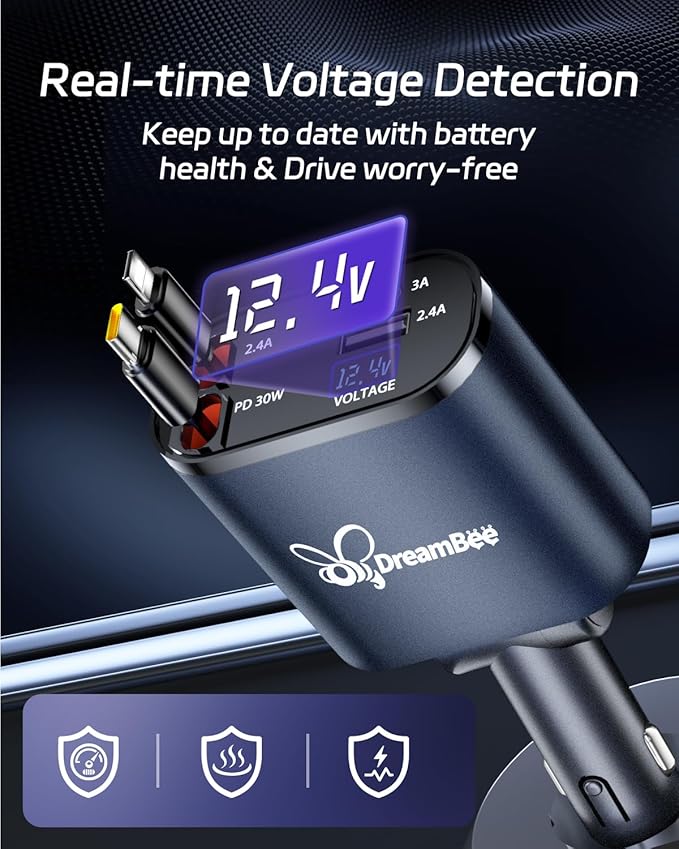 DreamBee Retractable Car Charger,66W 4 in 1 Super Fast Charge Car Phone Charger,Gifts for Men Women Car Truck Accessories for iPhone 15/14/13/12 Pro Max XR,iPad,Samsung,Pixel-Blue