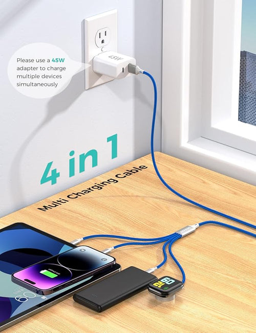 2Pack Multi Charging Cable for Apple Watch Charger 4 in 1 Travel Essentials RV Camping Essentials USB C/L/Micro Compatible with iWatch Series 11-1/iPhone 17/16/15/Android Airplane Gadgets-4FT/Blue