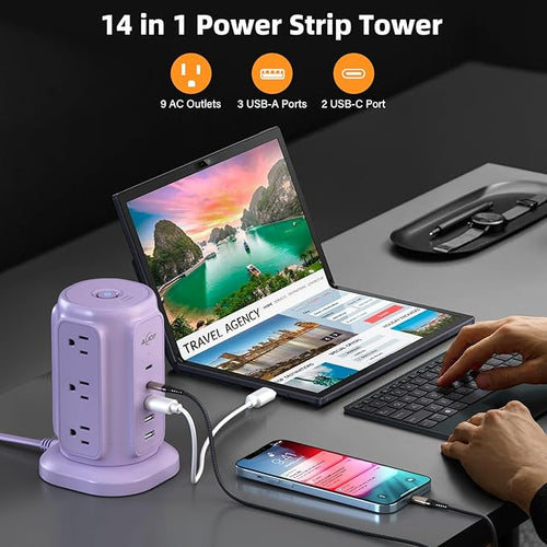 AiJoy Power Strip Tower with 9 AC Outlets and 5 USB Ports Charging Station