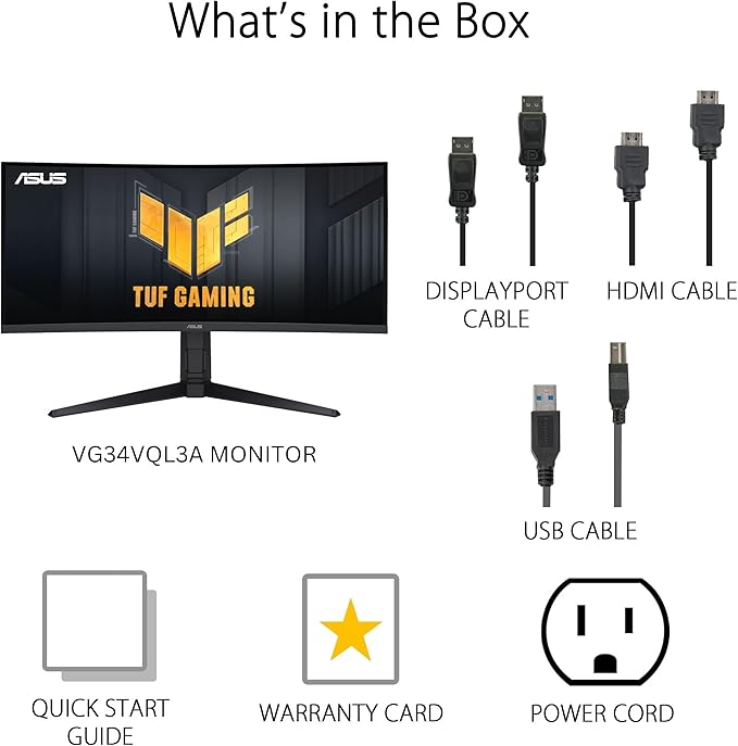 ASUS TUF Gaming 34” 1440P 1500R Curved Monitor (VG34VQL3A) - QHD (3440 x 1440), 180Hz, 1ms, Extreme Low Motion Blur, Freesync Premium Pro, 125% sRGB, DisplayHDR 400, Height Adjustable, 3 year warranty