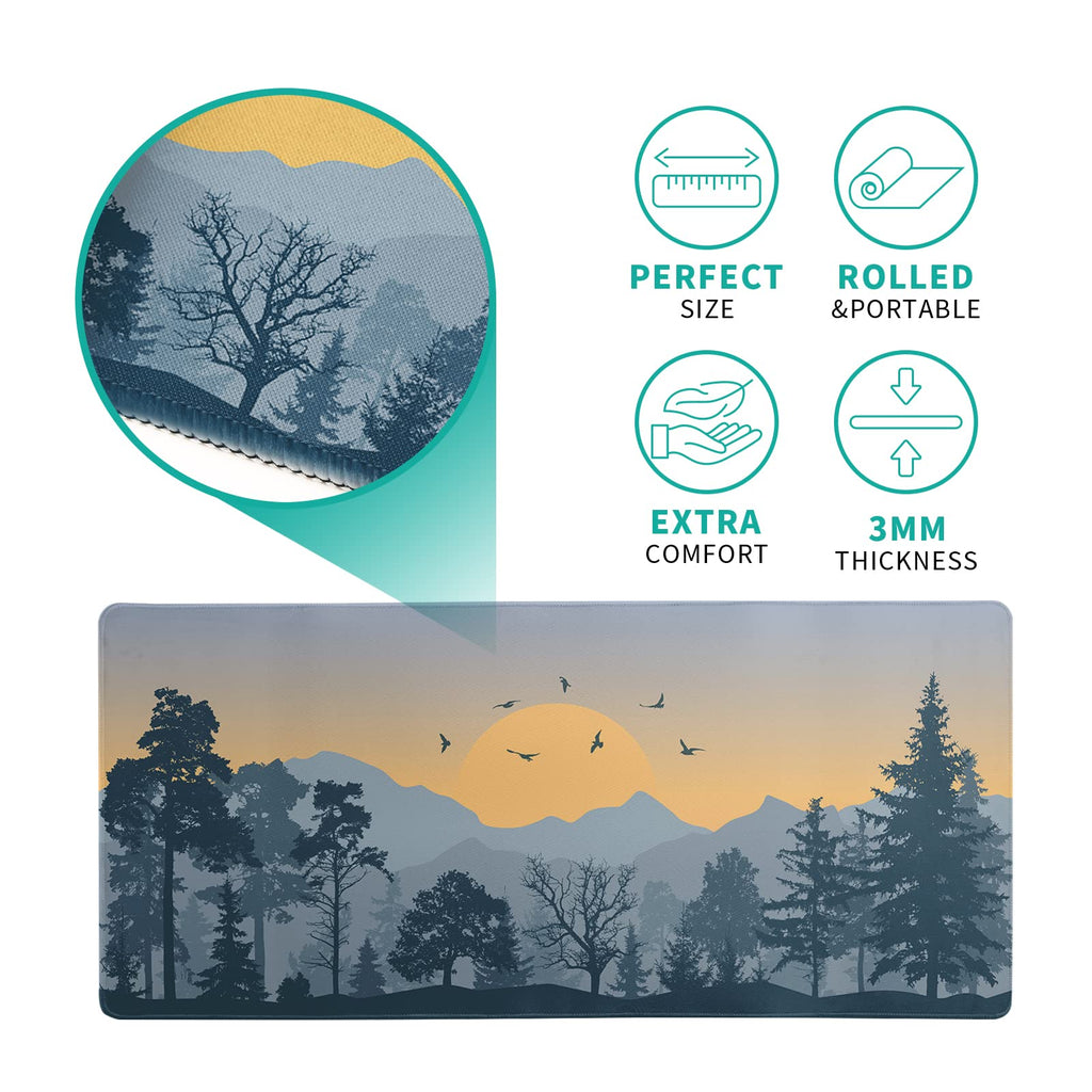 Mountain Gaming Mouse Pad 31.5x11.8 Inch Forest Large Mousepad Extended Grey Mousepad Gaming Non-Slip Rubber Base Stitched Edges Keyboard Mouse Mat Desk Pad for Office Home and Game
