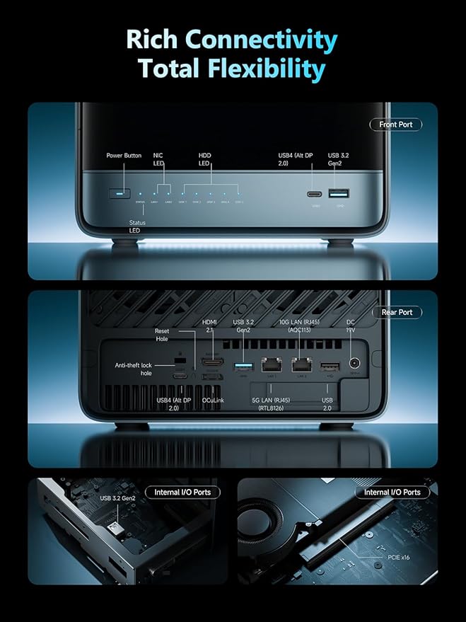 MINISFORUM N5 Pro 5-Bay Desktop AI NAS, AMD Ryzen AI 9 HX PRO 370 12-Core/24T CPU, 128GB SSD, 1x10GbE, 1x5GbE, 1xM.2+2xU.2/M.2 Slots, 2xUSB4(8K), 8K HDMI, OCuLink, Network Attached Storage (Diskless)