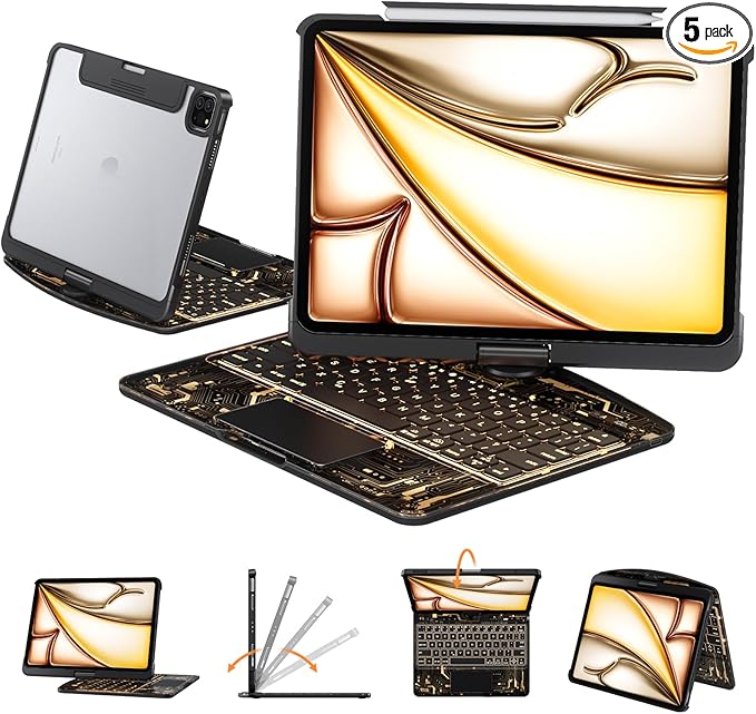 Transparent Case with Keyboard for iPad 9th (7th, 8th, and 9th Gen) 10.2 Inch,with 7-Color Backlit Wireless Keyboard,360°Rotatable Protective Case Multi-Touch Trackpad,with Pencil Holder,Black