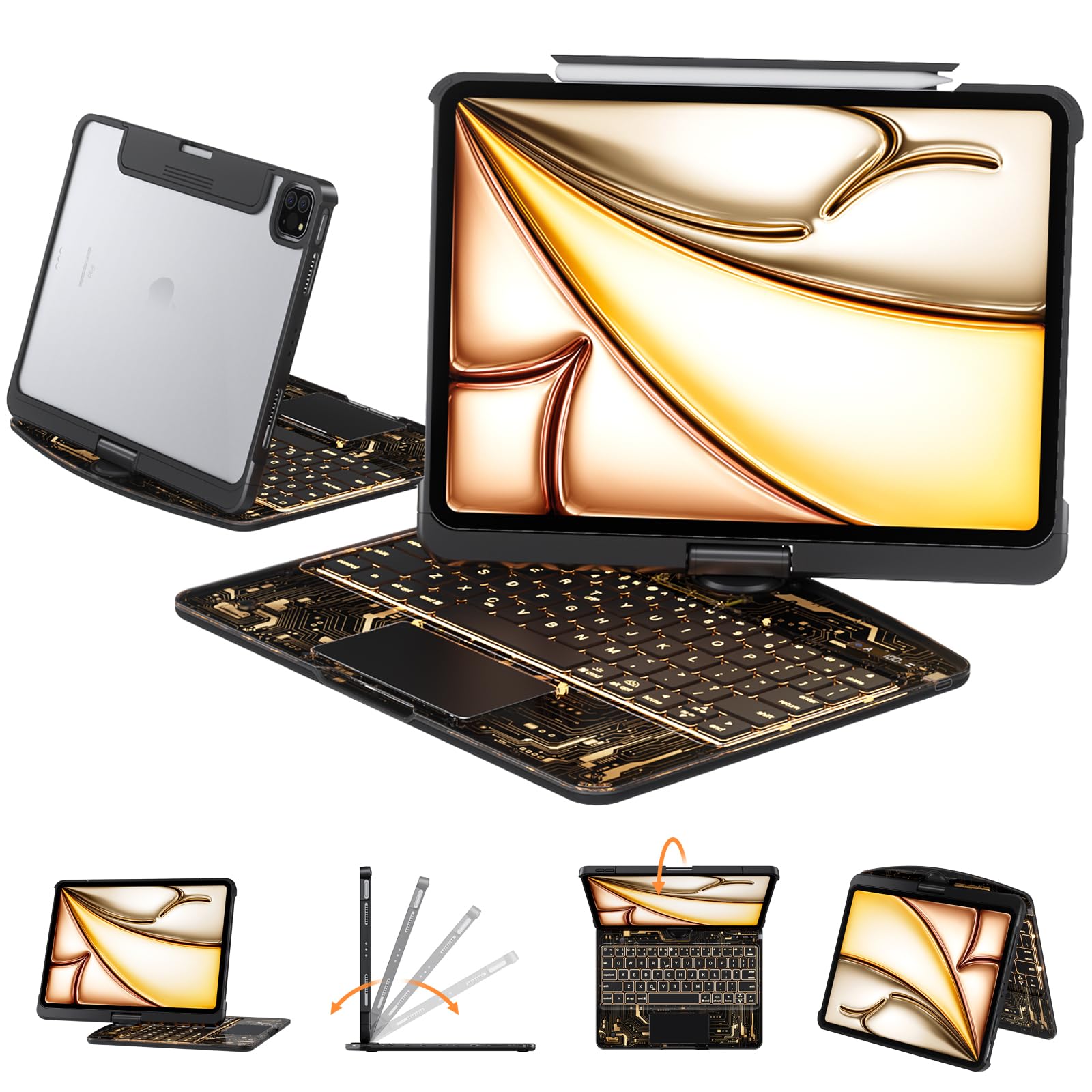Tiaota Transparent Case with Keyboard for iPad Pro 11-inch (M5/M4, 2025/2024),with 7-Color Backlit Wireless Keyboard, 360°Rotatable Protective Case Multi-Touch Trackpad,with Shortcuts,Black