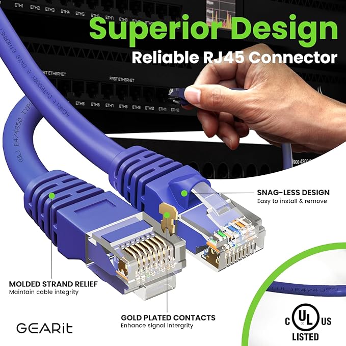 GearIT Cat 6 Ethernet Cable (10-Pack 2 Feet) Cat6 Network Patch, 10Gbps, RJ45, Snagless Cord, Gold-Plated Connectors, Internet for PC, TV, Tablet, Router, Printer, Servers, IT Data Center - Purple