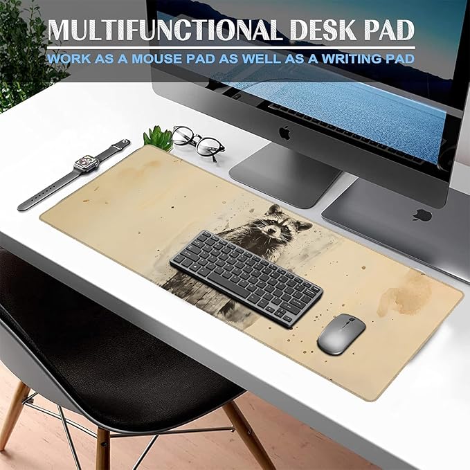 Vintage Raccoon Gaming Mouse Pad, Large Office Desk Mat, Anti-Slip Rubber Base Mousepad for Computer Laptop Keyboard, Smooth Desk Pad for Home Office Gamer Work Accessories 31.5" x 11.8"