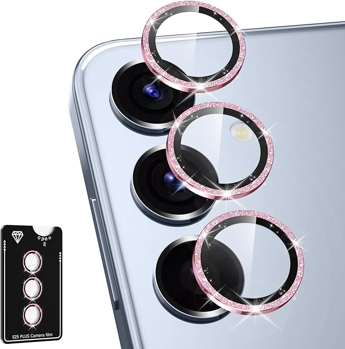 for Samsung Galaxy S25 Plus Camera Lens Protector, Individual Metal Ring Tempered Glass Lens Cover, [Strong Adsorption] Scratch Resistant Ultra-Thin HD Clear Lens Cover, 1 Set-Pink Sparkly