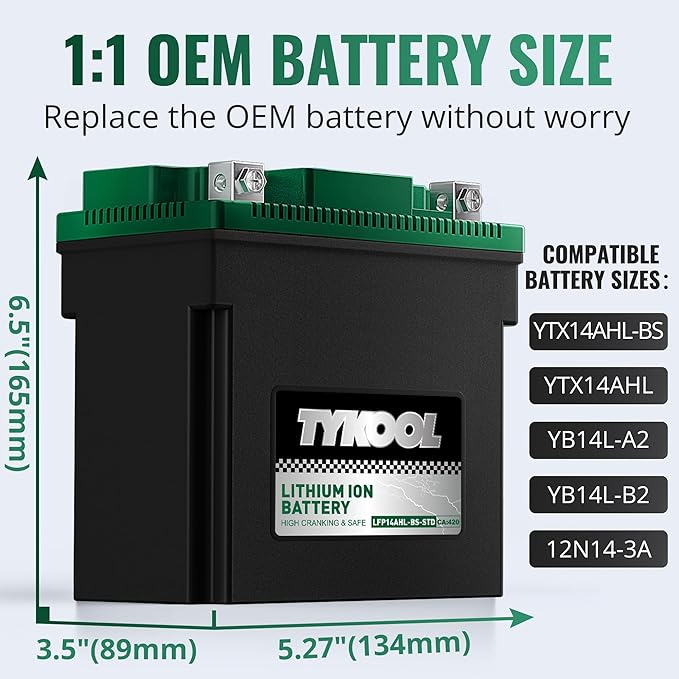 TYKOOL YTX14AHL-BS-STD LiFePO4 Lithium Motorcycle Battery,12.8V 7Ah,420CCA,Digital Readout,Powersports Battery, Fits for Motorcycle,ATV,Snowmobile,PWC. 2X Cranking Amps,5X Longer Life.Fast Charging