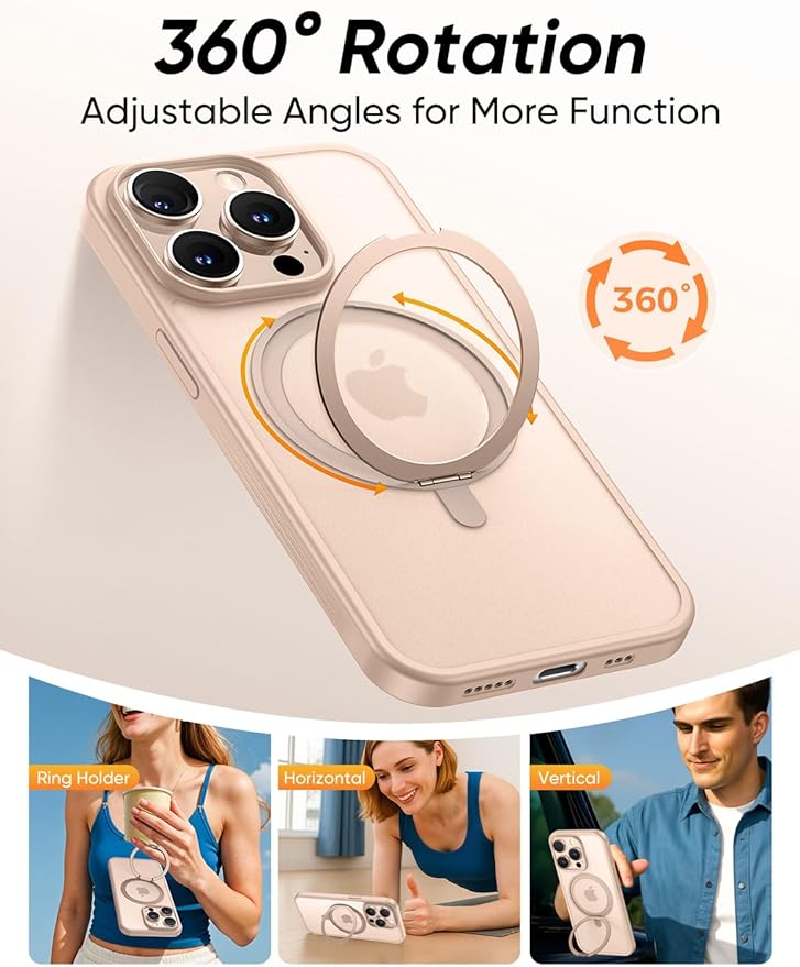 MAGIC JOHN 360° Rotatable Magnetic Invisible Stand for iPhone 15 Pro Case [Anti-Slip Grip] [Compatible with MagSafe] 16FT Shockproof for iPhone 15 Pro Case with Kickstand, Rose Gold