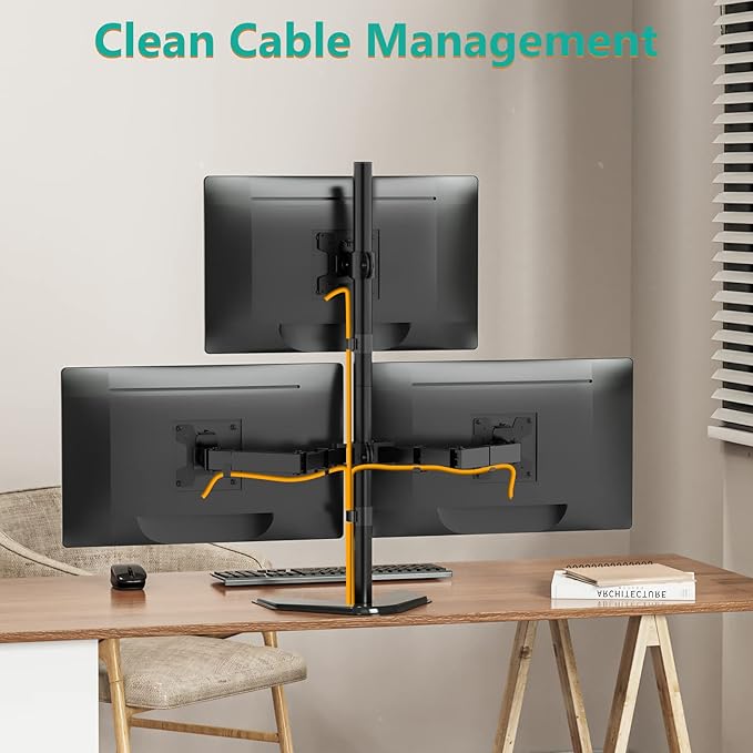 WALI Triple Monitor Stand, Free Standing Three Monitor Desk Mount Fully Adjustable, Fits 3 Screens up to 27 inch, 22 lbs Weight Capacity per Arm (MF003S), Black