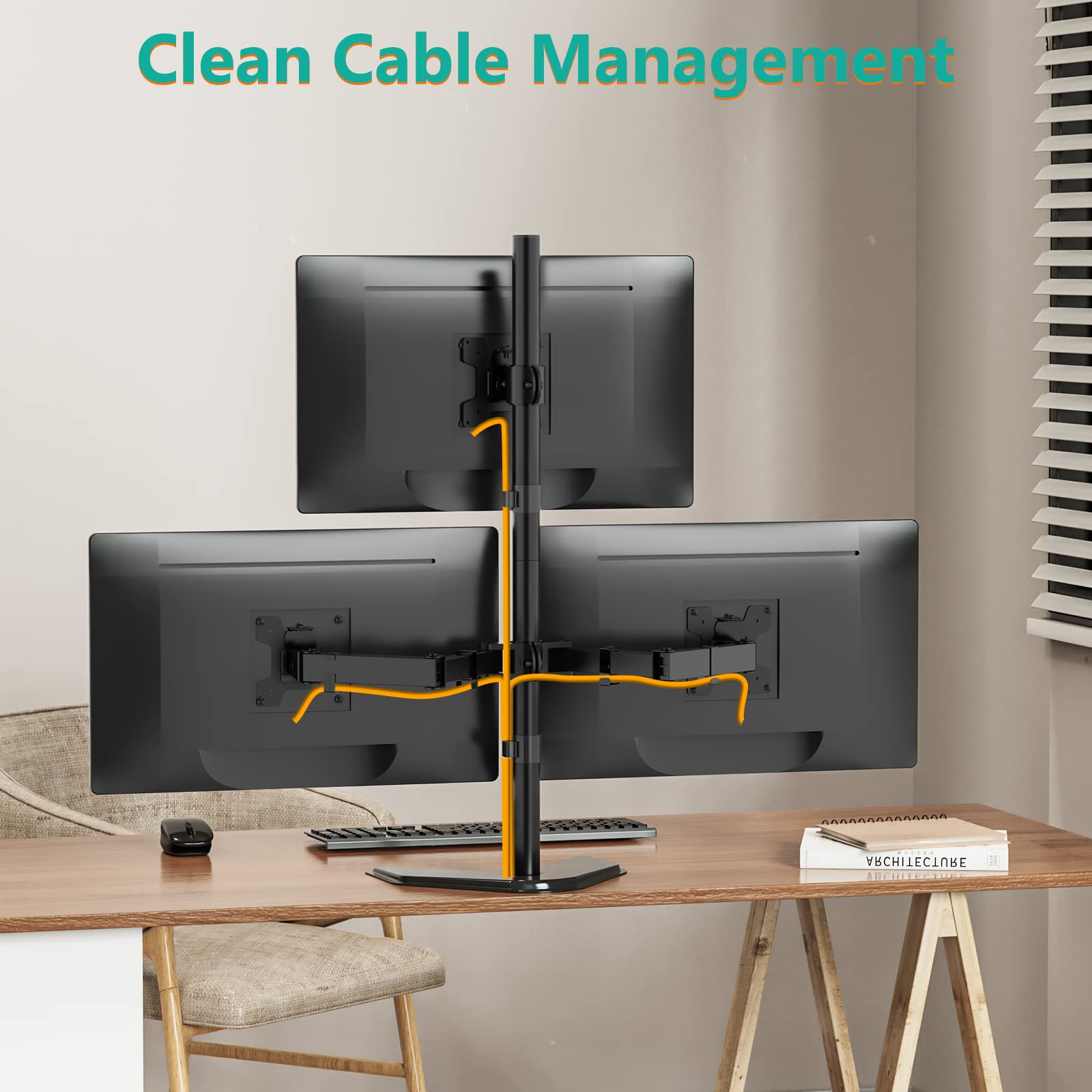 WALI Triple Monitor Stand, Free Standing Three Monitor Desk Mount Fully Adjustable, Fits 3 Screens up to 27 inch, 22 lbs Weight Capacity per Arm (MF003S), Black