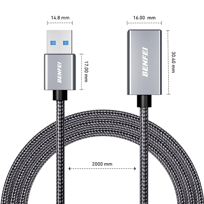 BENFEI USB 3.0 Extension Cable 6.6 Feet, Nylon Braided Compatible with Webcam, Camera, Phone, USB hub, Mouse, Keyboard, Printer, Hard Drive, Headset