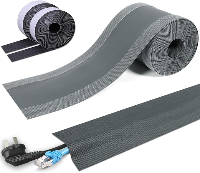 Floor Cable Covers - 20ft Oxford Fabric Cord Protector with Adhesive Hook & Loop,Waterproof Wire Storage Sleeve for Any Floor Surface,Durable Cable Management to Prevent Tripping Hazards (Gray, 20ft)