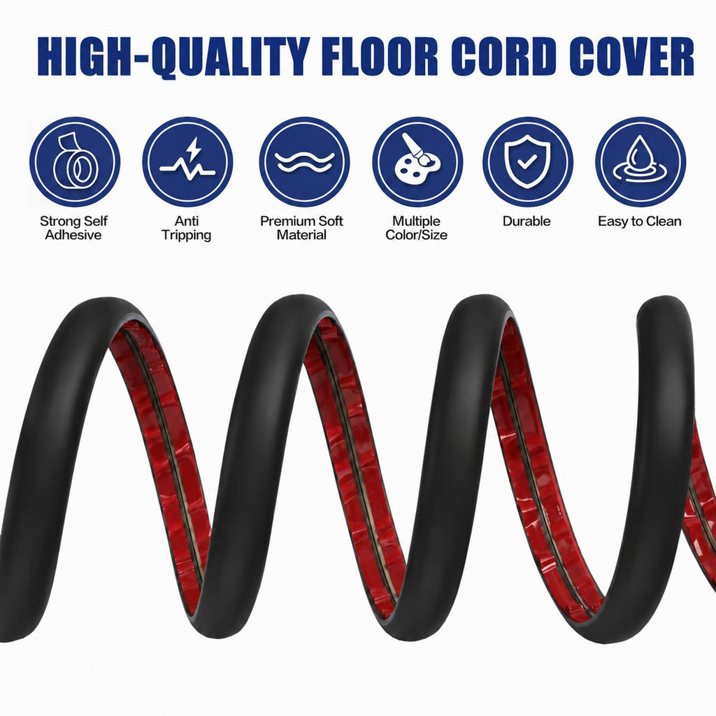 Floor Cord Cover Self Adhesive Cord Hider,10FT Cable Management, Extension Strip Protector for Wires, Prevent Cable Trips for Offices, Gyms, Exhibitions Cavity:0.3"(W) x 0.28"(H) Black