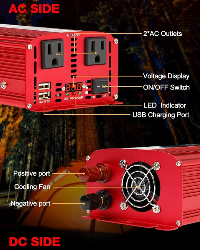 LVYUAN 1500W Car Power Inverter 24V to 110V DC to AC with 2 US Sockets, Cigarette Lighter, LED Display, USB Ports for Car, Home,Truck, Outdoor, Camping